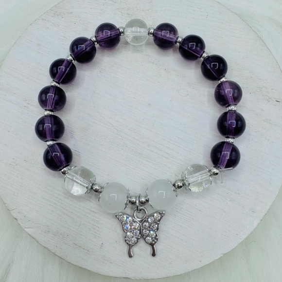 Violet & Blue Beaded w/ Sparkly Butterfly Charm Bracelet Bundle- Small wrists - Picture 4 of 7